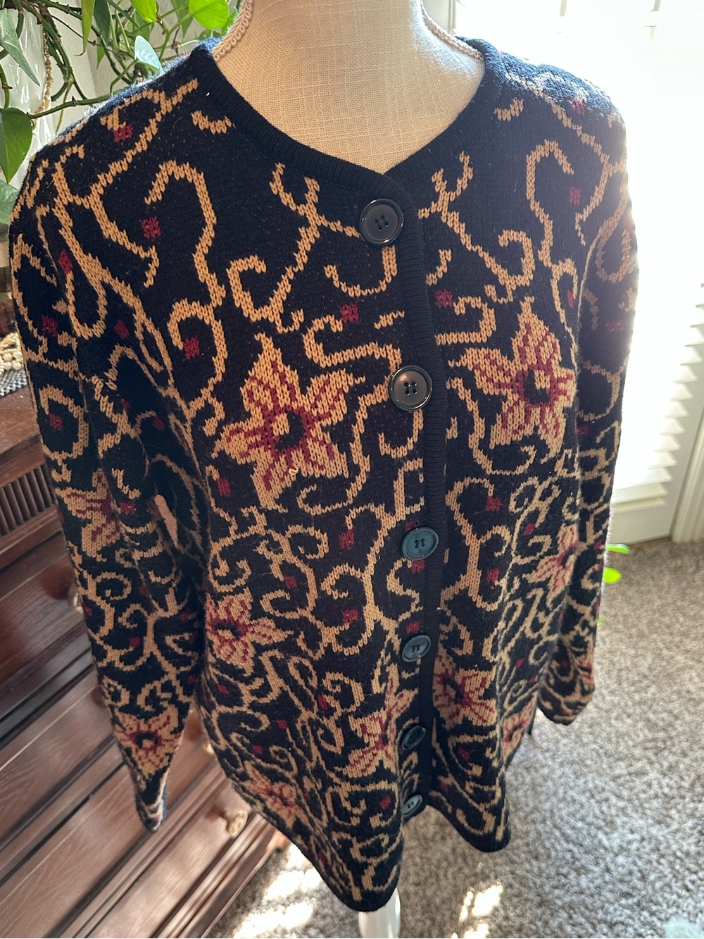 Vintage Black Floral Button-Up Cardigan with Tan and Burgundy accents